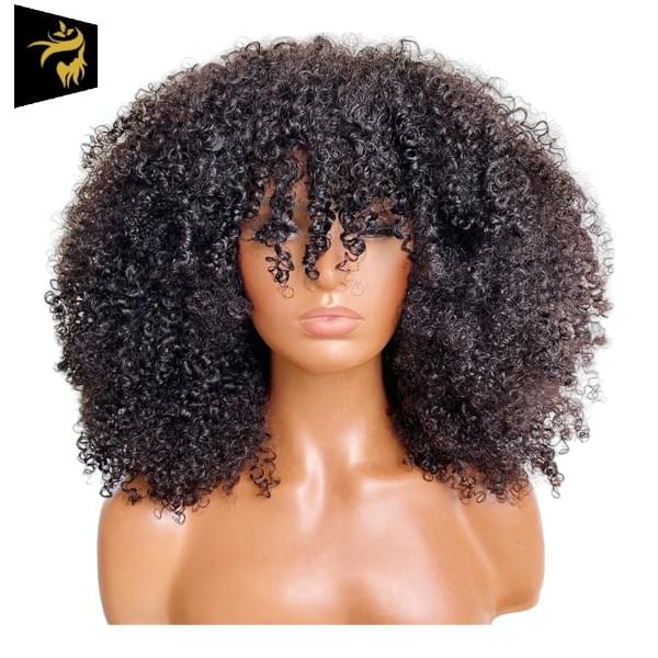 Full Machine Wig – Afro Kinky Curly – Brazilian Remy Human Hair – Short With Bangs
